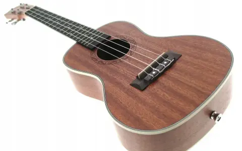 Brązowe drewno na gitarę ukulele, z widocznym mostkiem i strunami.