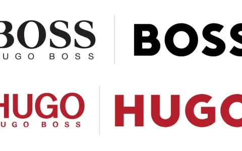 Loghi BOSS e HUGO. La differenza tra Hugo e Boss è visibile nei font e nei colori, con BOSS in nero e HUGO in rosso.