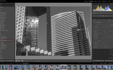 Edycja czarno-białego zdjęcia architektury w Lightroom Classic. Wybrany preset "B&W Low Contrast" dla uzyskania subtelnych przejść tonalnych. Dostępna jest licencja wieczysta.