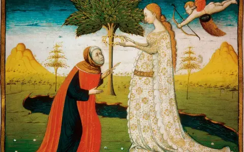 Un vecchio implora una dama sotto un albero, mentre Cupido scocca una freccia. Pace non trovo e non ho da far guerra.