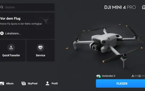 DJI Mini 4 Pro mit der dji fly app android. Vor dem Flug: Lokalisiere Fly Spots, QuickTransfer, Service. Fliegen.