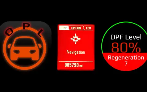 Kontrolki Opla: kontrolka silnika, nawigacja, przebieg 85790 mil, DPF Level 80%, Regeneration 7. Pomoc z op-com opel po polsku.