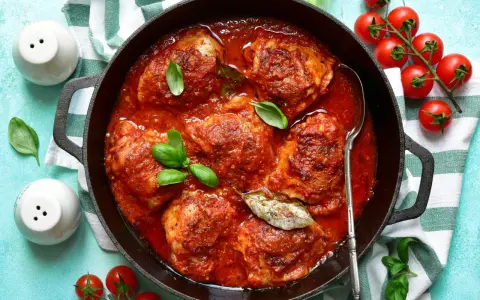 Un saporito pollo in umido, cotto lentamente in una ricca salsa di pomodoro, guarnito con basilico fresco e alloro.