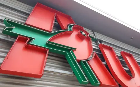 Neonowy napis Auchan, przypominający skarbonkę, z charakterystycznym zielonym ptaszkiem.