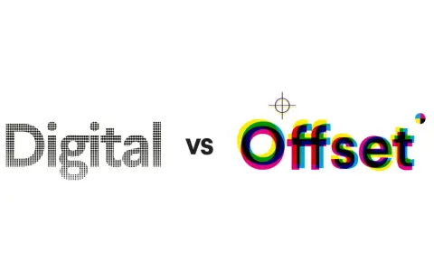 Porównanie rodzajów druku: "Digital" z kropek i "Offset" z kolorowych separacji CMYK.