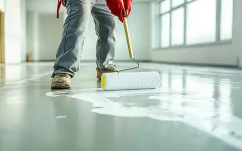Application d'une primaire d'accrochage avant étanchéité sur un sol en béton. Un ouvrier en combinaison grise et gants rouges utilise un rouleau pour étaler le produit blanc.