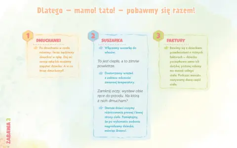 Zabawy zapoznawcze dla dzieci: dmuchanki, suszarka i faktury. Rozwijamy zmysły i uczymy rozróżniać strony ciała.