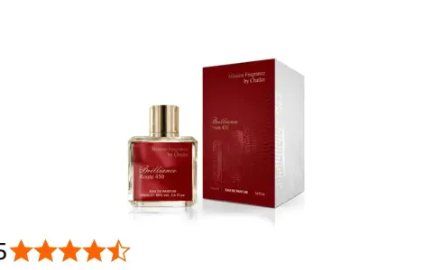 Elegancka butelka perfum "Brilliance Route 450" od Chatler i jej czerwone opakowanie z motywem miasta.