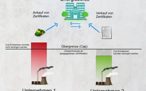Schema des ETS Emissionshandels: Unternehmen 1 emittiert viel CO2, Unternehmen 2 wenig. Zertifikatehandel an der Energiebörse ermöglicht Emissionsreduktion.