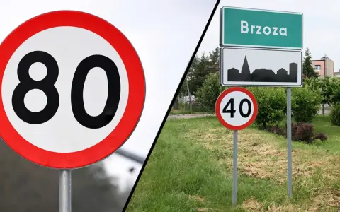 Znak 80 km/h po lewej, a po prawej znak miejscowości Brzoza z ograniczeniem do 40 km/h. Czy niedługo czy nie długo, trzeba zwolnić.