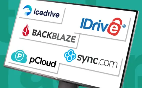 Logotyper för molntjänster som Icedrive, Backblaze, IDrive, pCloud och Sync.com. Perfekt för att spara bilder i molnet.