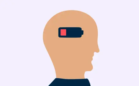 Profil av ett huvud med ett batteri som visar låg laddning, en symbol för emotionell utmattning.