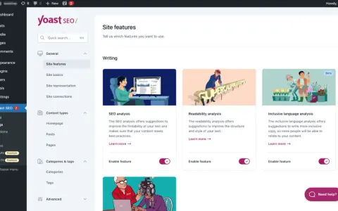 Interface de configuration de Yoast SEO, section "Site features" pour optimiser le wp seo. Analyse SEO, lisibilité et langage inclusif.