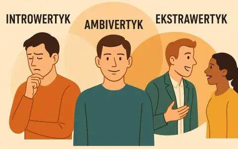 Trzy osoby: zamyślony introwertyk, uśmiechnięty **ambiwertyk** i rozmawiający ekstrawertyk.