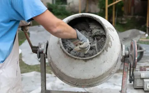 Mieszanie betonu w betoniarce. Pracownik w rękawicach sprawdza konsystencję, zastanawiając się, ile cementu na metr sześcienny betonu potrzeba do uzyskania idealnej mieszanki.