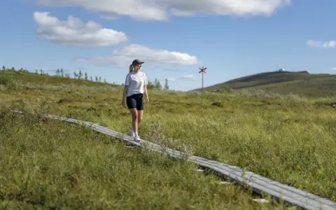 Kvinna vandrar på spång i Gällivare, Sverige. En röd markering syns i bakgrunden.