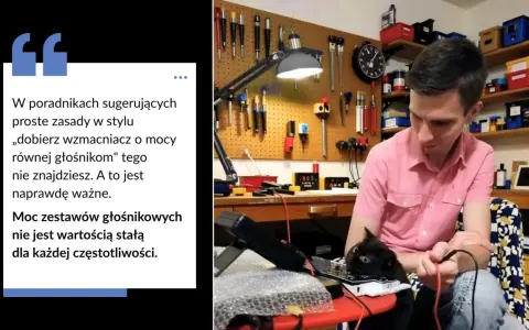 Mężczyzna z kotem przy biurku z narzędziami. Tekst o doborze wzmacniacza do głośników i mocy RMS.