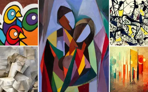 Collage of modern art styles: vibrant birds mural, cubist portrait, abstract figures, Jackson Pollock-esque drip painting, and a stylized cityscape.