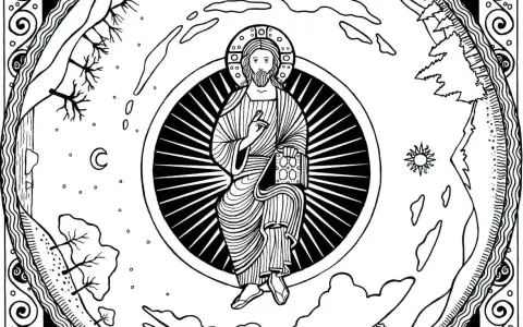Illustration of Christ in a halo, holding a book, reminiscent of a divine office hymnal, surrounded by celestial and earthly elements.