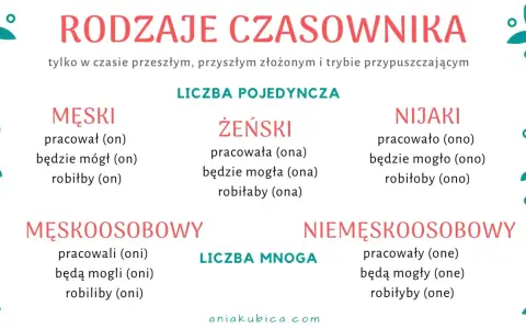 Rodzaje czasownika: męski, żeński, nijaki (l.poj.) i męskoosobowy, niemęskoosobowy (l.mn.). Czasownik to część mowy.