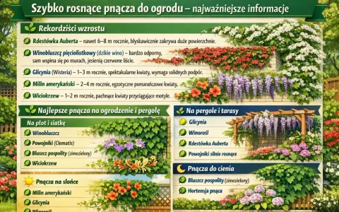 Szybko rosnące pnącza zimozielone na siatkę: winobluszcz, powojniki, bluszcz, wiciokrzew. Wiele gatunków szybko pokrywa ogrodzenie.