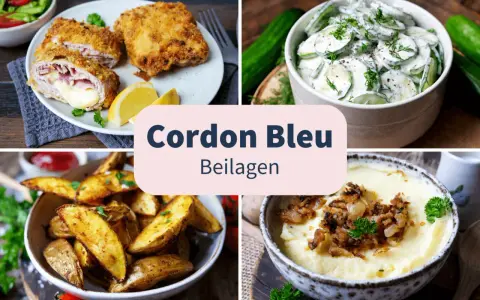 Cordon Bleu mit Kartoffelspalten, Gurkensalat und Kartoffelpüree. Köstliche Beilagen für ein perfektes Essen.