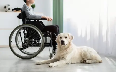 Łagodny pies rasy golden retriever, jeden z wielu psów do dogoterapii, leży obok chłopca na wózku inwalidzkim.