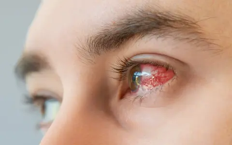 Silnie zaczerwienione oko, objaw choroby zwanej potocznie "pink eye" po polsku. Widoczne naczynka i łzawienie.