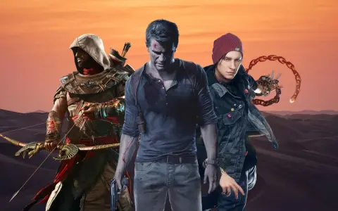 Trzech bohaterów gier: Bayek z Asasynów, Nathan Drake z Uncharted i Delsin Rowe z Infamous, na tle pustynnego krajobrazu.