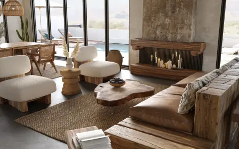 Un acogedor salón wabi sabi con sofá de madera rústica, chimenea de piedra y muebles de fibras naturales.