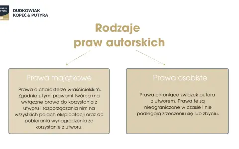 Rodzaje praw autorskich: majątkowe (właścicielskie, prawo do korzystania z utworu i wynagrodzenia) i osobiste (związek autora z utworem).