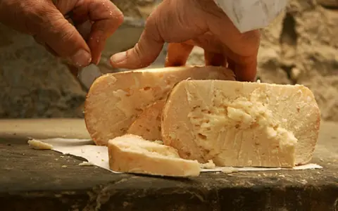 Mani esperte tagliano un pezzo di talamello formaggio di fossa, mostrando la sua consistenza rustica e invitante.