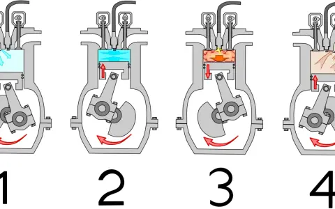 Diagrama de los cuatro ciclos de motor: admisión, compresión, explosión y escape.