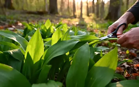 Mains coupant des feuilles d'ail des ours dans une forêt ensoleillée, pour conserver cette herbe sauvage.
