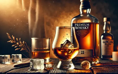 Ein Glas mit Eiswürfeln und bernsteinfarbenem Whisky, daneben eine Flasche "Premium Whisky". So trinkt man Whisky stilvoll.