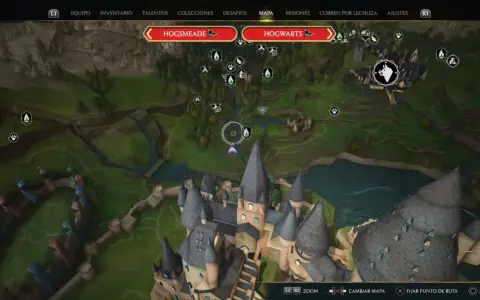 Mapa de Hogwarts Legacy, con Hogsmeade y Hogwarts visibles. El fantasma de nuestro amor hogwarts legacy nos guía por el mapa.