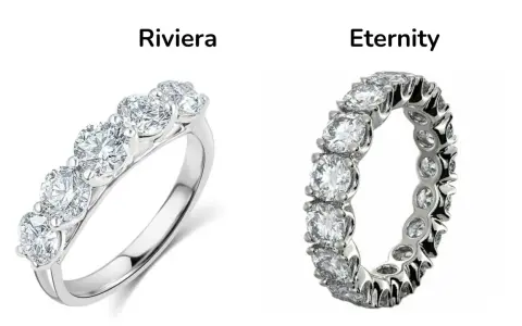 Anello Riviera con 5 diamanti e anello eternity con diamanti tutt'intorno, simbolo di un amore senza fine.