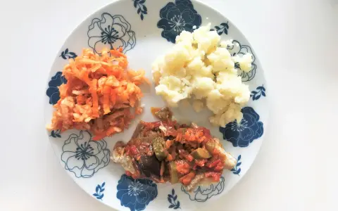 Delikatny posiłek po kolonoskopii: ryba w sosie warzywnym, puree ziemniaczane i surówka z marchewki.
