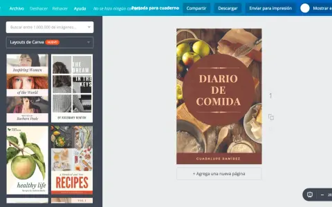 Portada de "Diario de Comida" con manzanas, harina y utensilios de cocina.