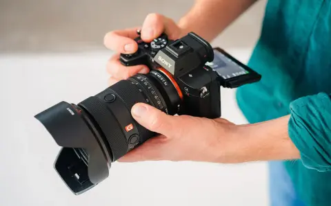 Dłonie trzymają aparat Sony a7r5 z obiektywem 24-70mm.