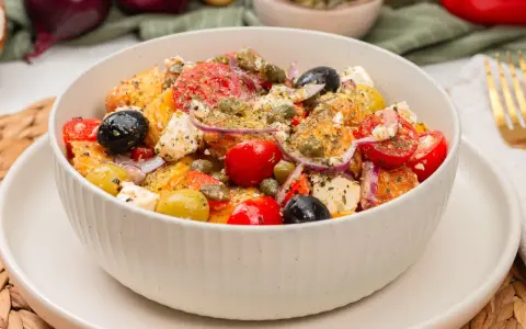Schüssel mit einem frischen griechischen Kartoffelsalat, garniert mit Oliven, Tomaten, Kapern und Feta.