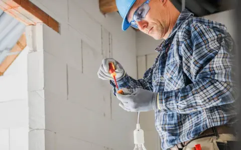 Elektryk w kasku i okularach montuje oprawkę żarówki. Zastanawiasz się, ile za punkt elektryczny?