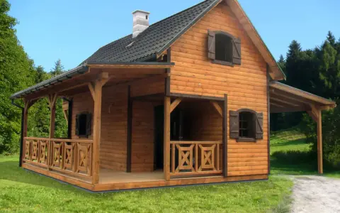 Drewniany domek letniskowy z werandą i zadaszeniem. Solidny, niski fundament pod domek letniskowy drewniany zapewnia stabilność.