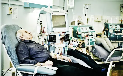 Starszy mężczyzna leży podłączony do aparatury do dializy. To obraz życia zmagającego się z skutkami ubocznymi dializy nerek.