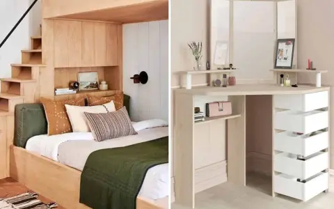 Comment avoir une belle chambre : un lit douillet intégré dans des étagères en bois et un coin coiffeuse moderne avec miroir.