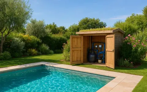 Petit cabanon en bois abritant le local technique de la piscine, avec son équipement de filtration et de traitement de l'eau.
