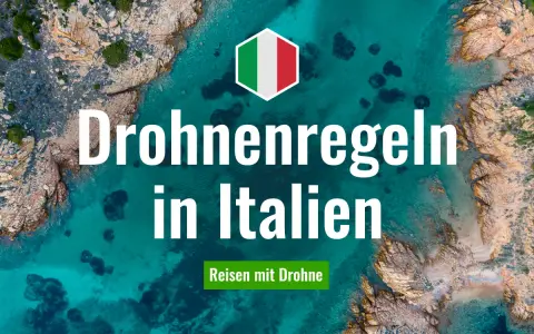 Drohnenregeln in Italien: Ein Hexagon mit italienischer Flagge über einer Küstenlandschaft. Reisen mit Drohne.