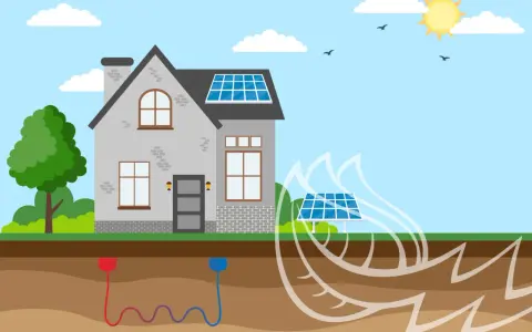 Casa con paneles solares y sistema geotérmico. La imagen ilustra los inconvenientes de la energía geotérmica, como la instalación subterránea y la dependencia de la tierra.