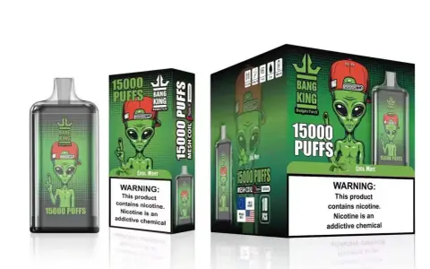 Vapers Bang King 15000 puffs con diseño de alienígena. Incluye advertencia sobre nicotina.