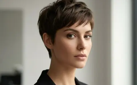 Kobieta z brązowymi włosami w fryzurze pixie cut. Ta fryzura pixie cut dla kogo? Dla odważnych i pewnych siebie kobiet, które chcą podkreślić swoją urodę.